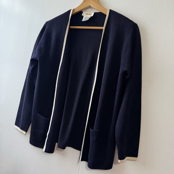 Talbots 100% Silk Open Front Cardigan Navy W/ivory Trim Women's Size P - Picture 4 of 16
